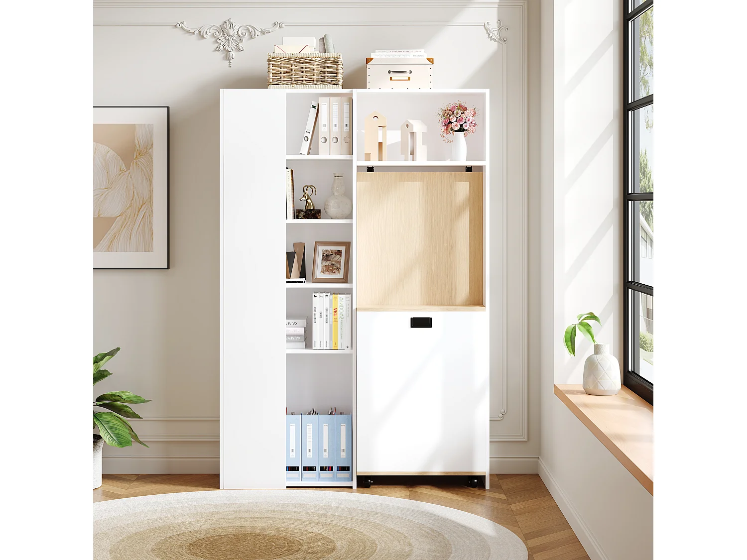 Bureau pliant avec étagères intégrées - Bibliothèque + bureau - Prise électrique et port USB - Étagères réglables - Blanc