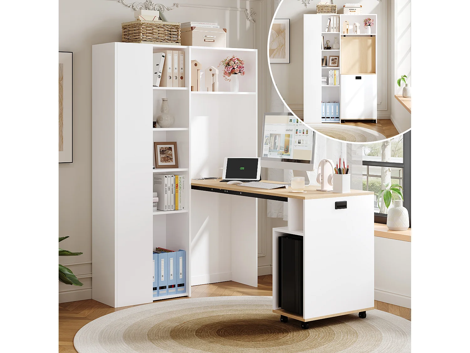 Bureau pliant avec étagères intégrées - Bibliothèque + bureau - Prise électrique et port USB - Étagères réglables - Blanc