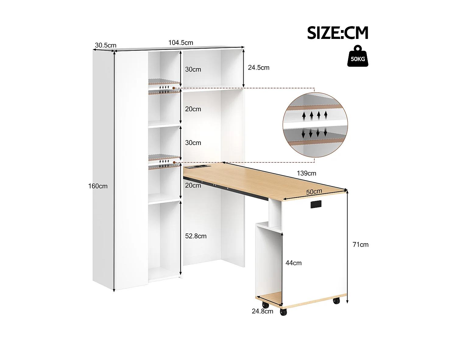 Bureau pliant avec étagères intégrées - Bibliothèque + bureau - Prise électrique et port USB - Étagères réglables - Blanc