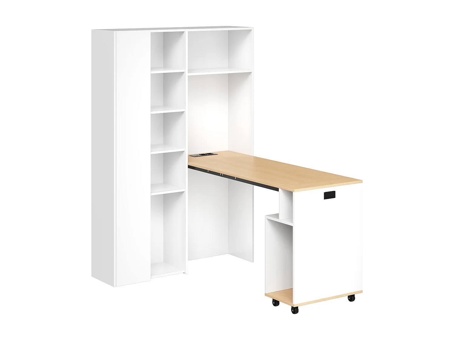 Bureau pliant avec étagères intégrées - Bibliothèque + bureau - Prise électrique et port USB - Étagères réglables - Blanc