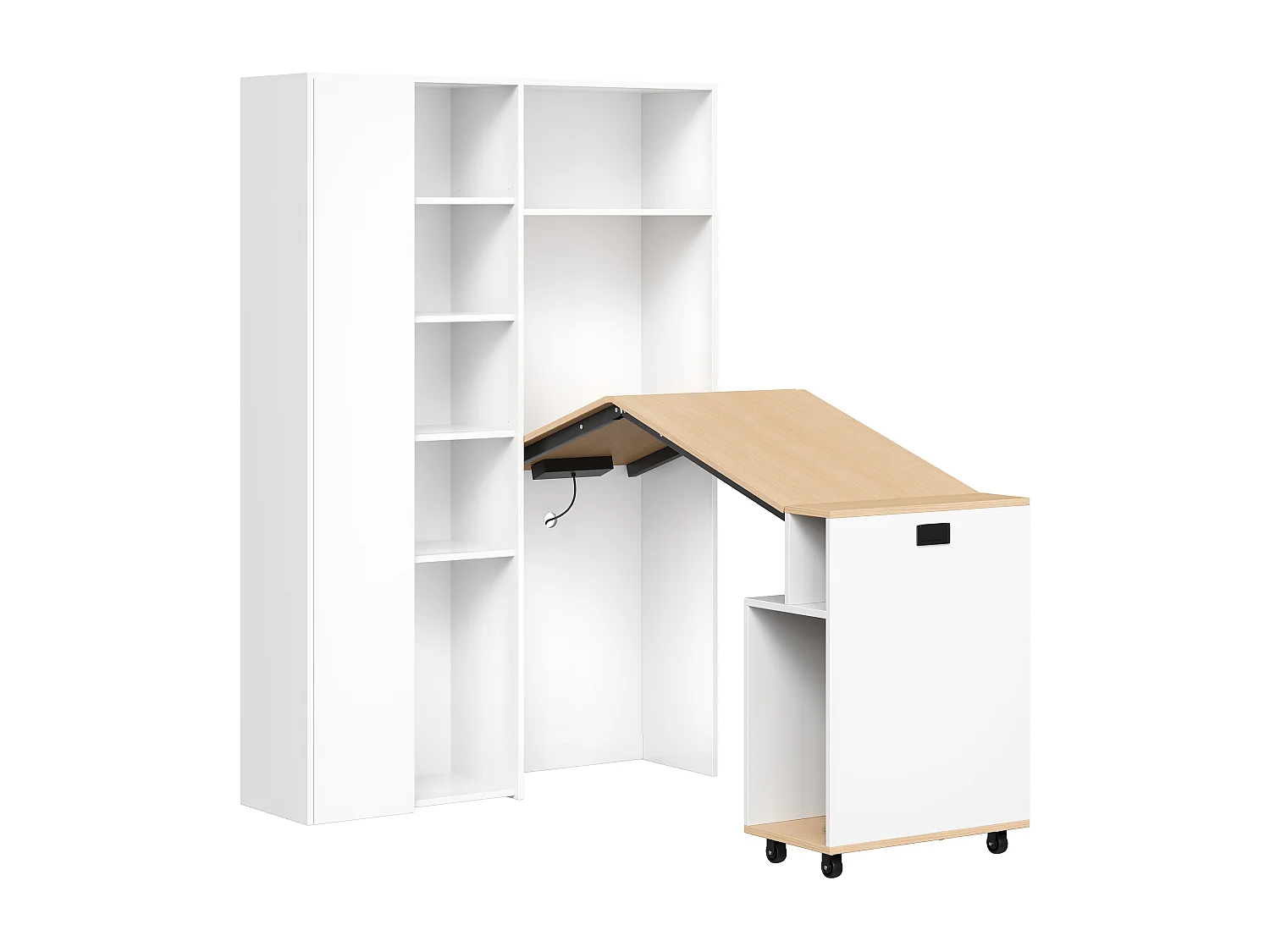 Bureau pliant avec étagères intégrées - Bibliothèque + bureau - Prise électrique et port USB - Étagères réglables - Blanc