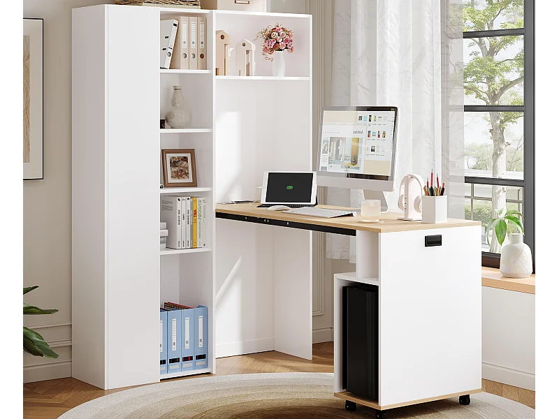 Bureau pliant avec étagères intégrées - Bibliothèque + bureau - Prise électrique et port USB - Étagères réglables - Blanc