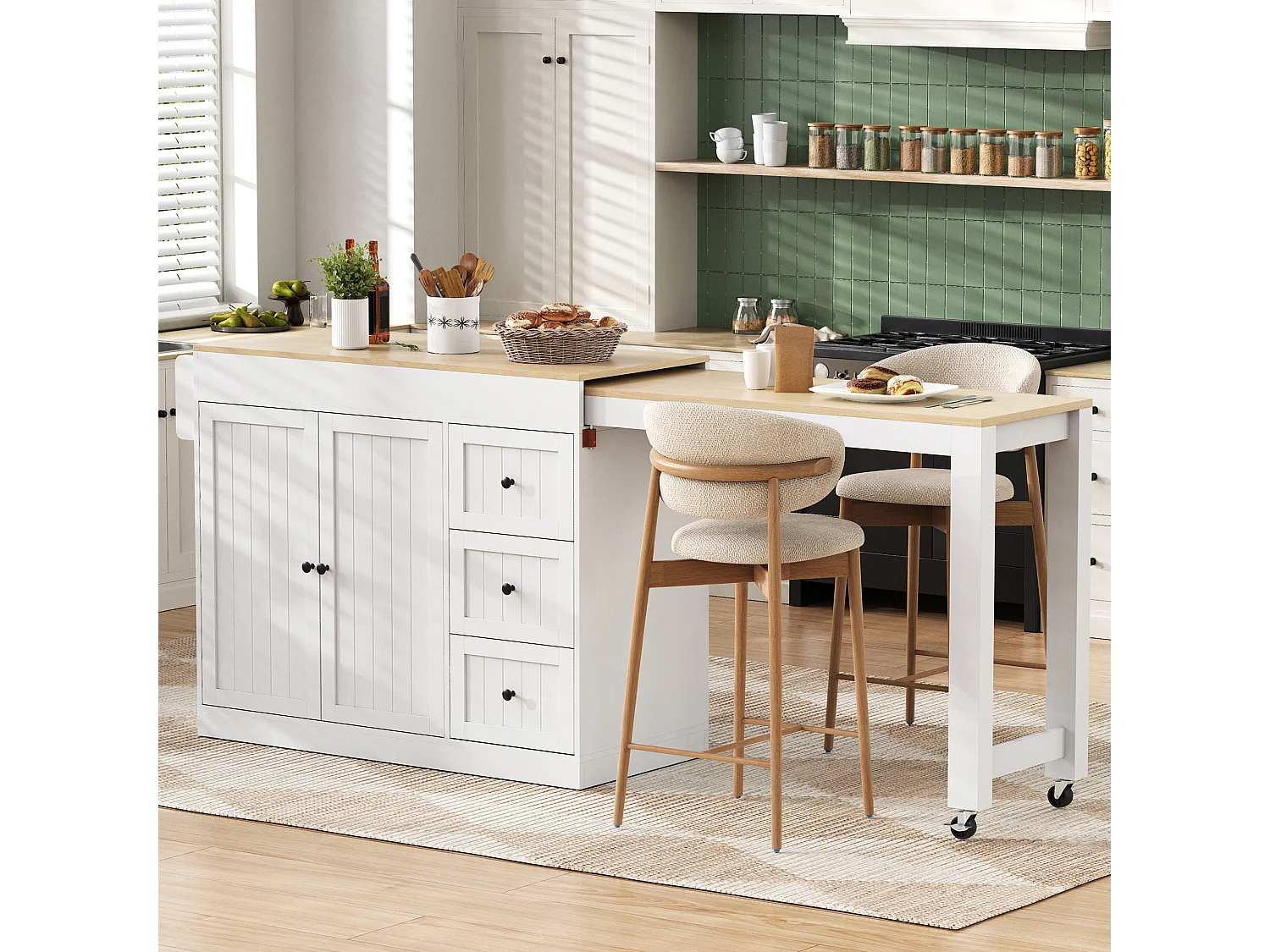 Isola cucina allungabile su ruote - 112/186,8 x 45 x 93 cm - con ripiano + 3 cassetti + 2 ante - MDF - bianca