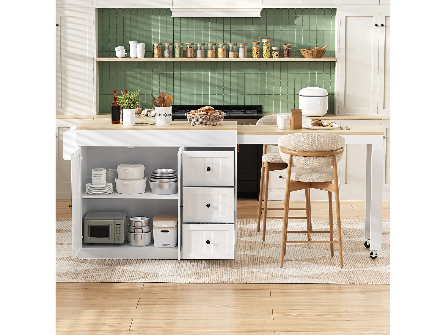Isola cucina allungabile su ruote - 112/186,8 x 45 x 93 cm - con ripiano + 3 cassetti + 2 ante - MDF - bianca