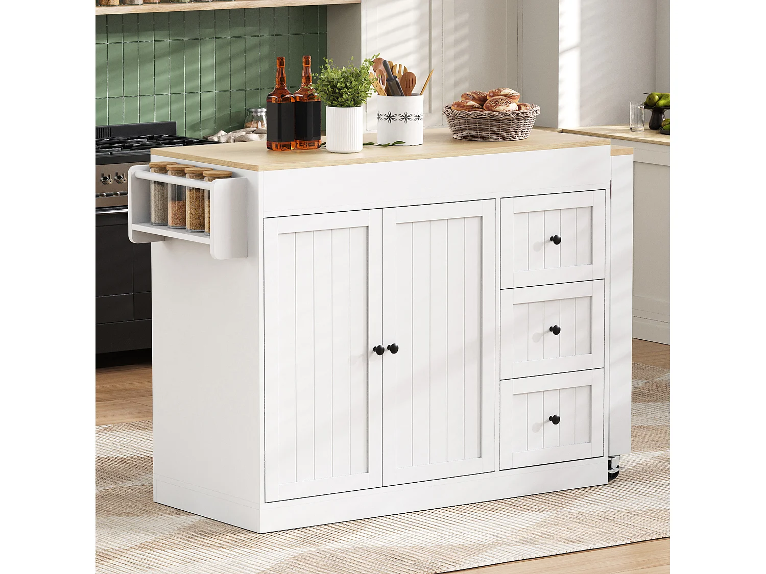 Isola cucina allungabile su ruote - 112/186,8 x 45 x 93 cm - con ripiano + 3 cassetti + 2 ante - MDF - bianca