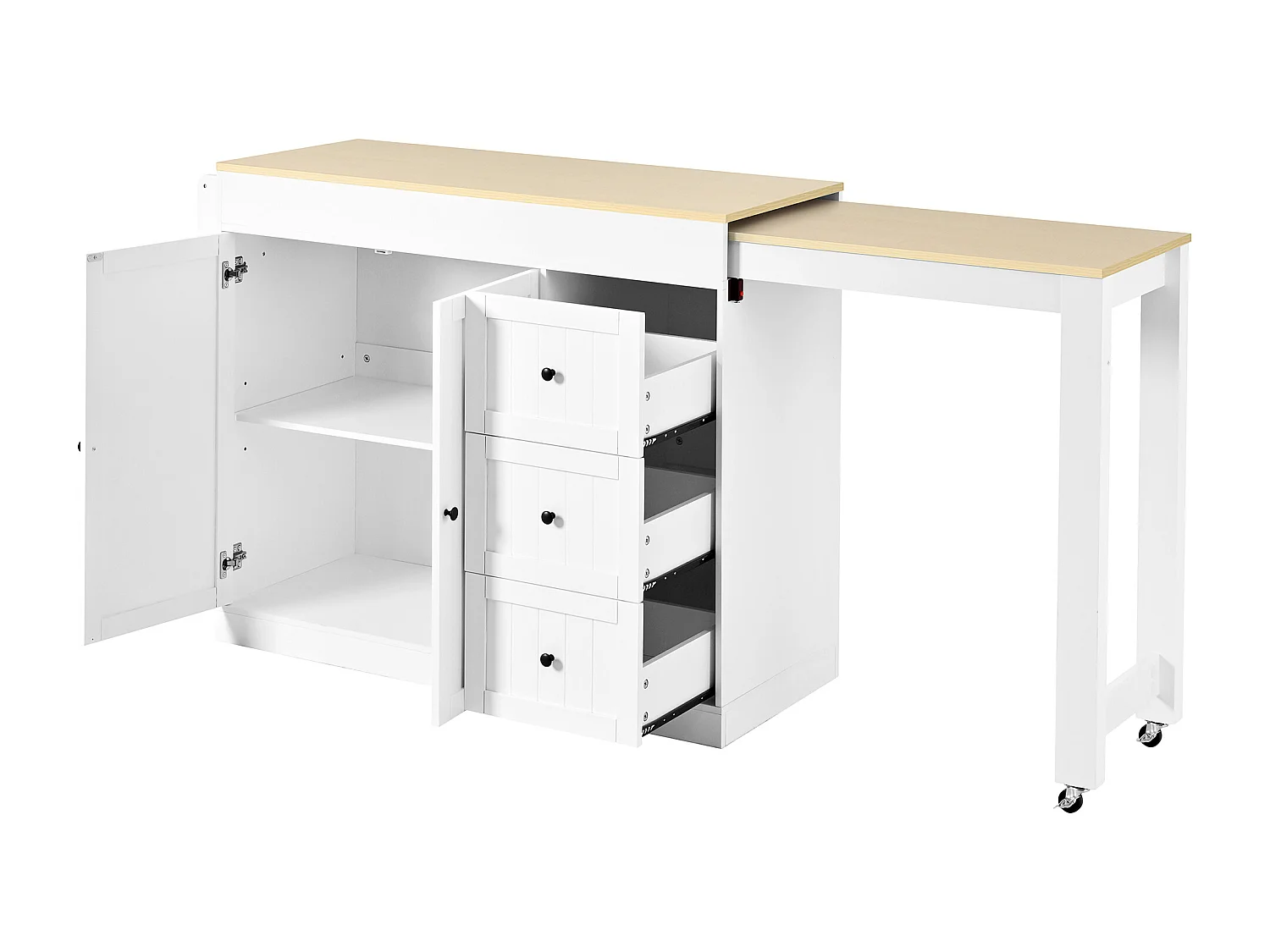 Isola cucina allungabile su ruote - 112/186,8 x 45 x 93 cm - con ripiano + 3 cassetti + 2 ante - MDF - bianca