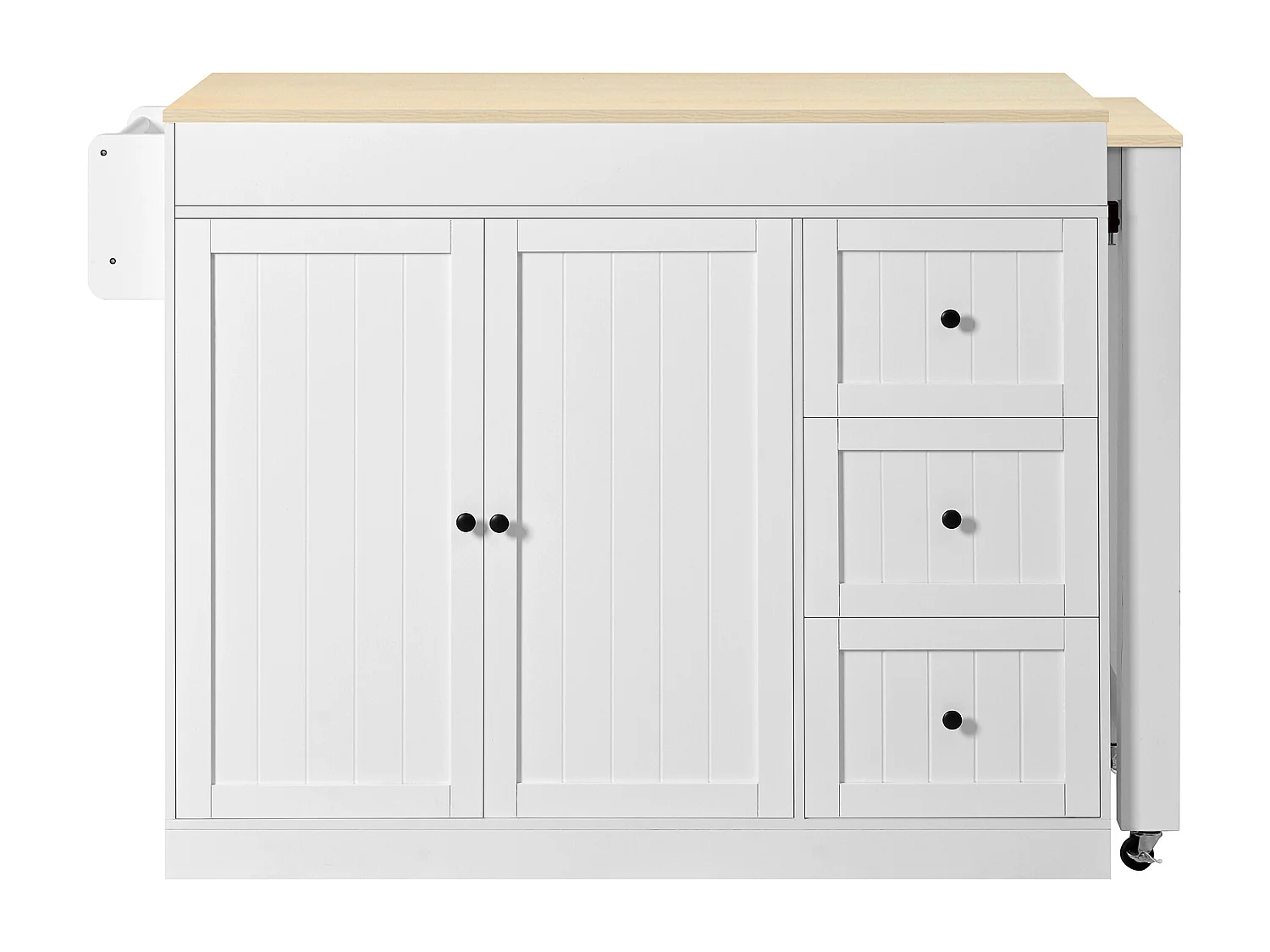 Isola cucina allungabile su ruote - 112/186,8 x 45 x 93 cm - con ripiano + 3 cassetti + 2 ante - MDF - bianca