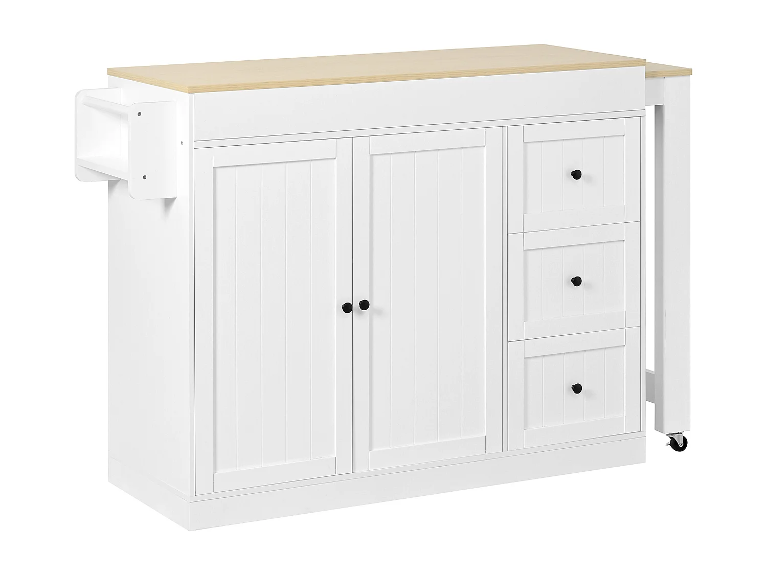 Isola cucina allungabile su ruote - 112/186,8 x 45 x 93 cm - con ripiano + 3 cassetti + 2 ante - MDF - bianca