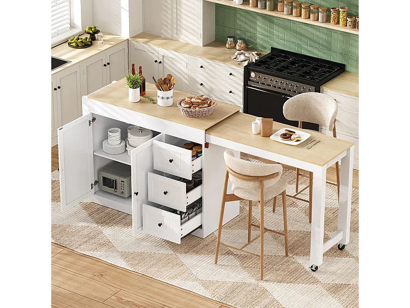 Isola cucina allungabile su ruote - 112/186,8 x 45 x 93 cm - con ripiano + 3 cassetti + 2 ante - MDF - bianca