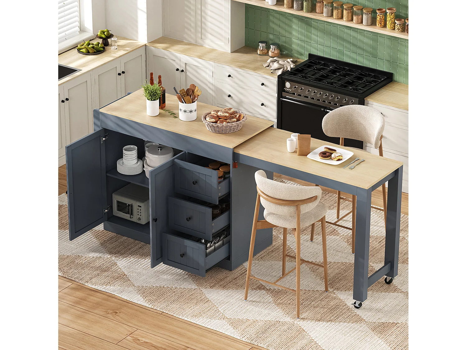 Isola cucina allungabile su ruote - 112/186,8 x 45 x 93 cm - con ripiano + 3 cassetti + 2 ante - MDF - grigio