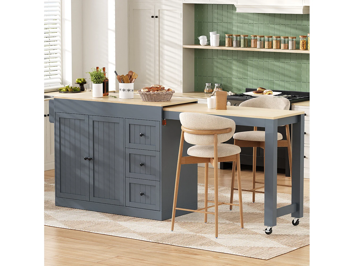 Isola cucina allungabile su ruote - 112/186,8 x 45 x 93 cm - con ripiano + 3 cassetti + 2 ante - MDF - grigio