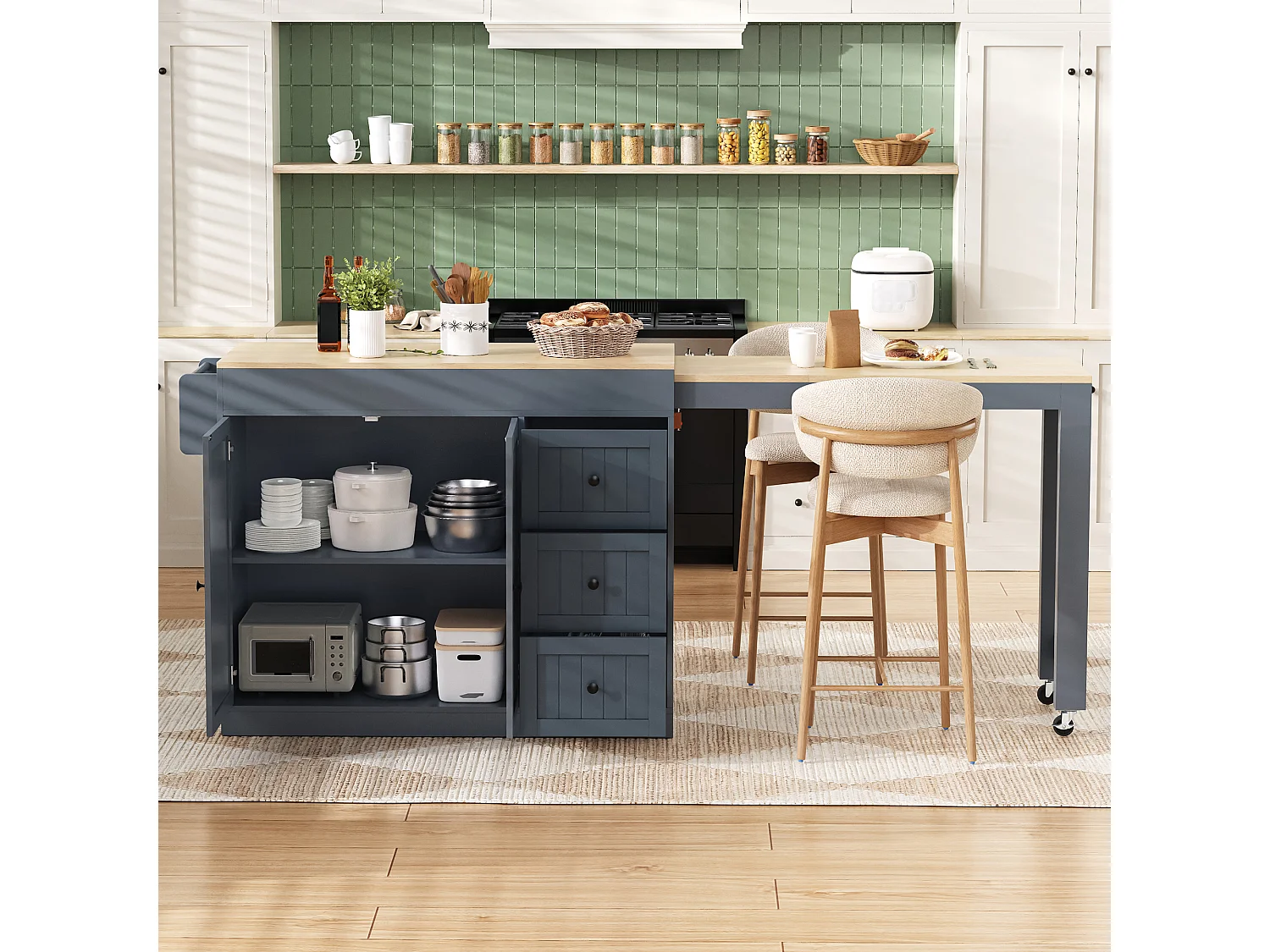 Isola cucina allungabile su ruote - 112/186,8 x 45 x 93 cm - con ripiano + 3 cassetti + 2 ante - MDF - grigio