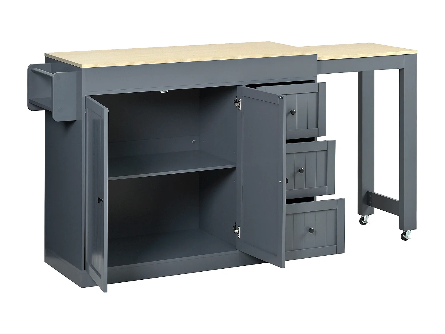 Isola cucina allungabile su ruote - 112/186,8 x 45 x 93 cm - con ripiano + 3 cassetti + 2 ante - MDF - grigio