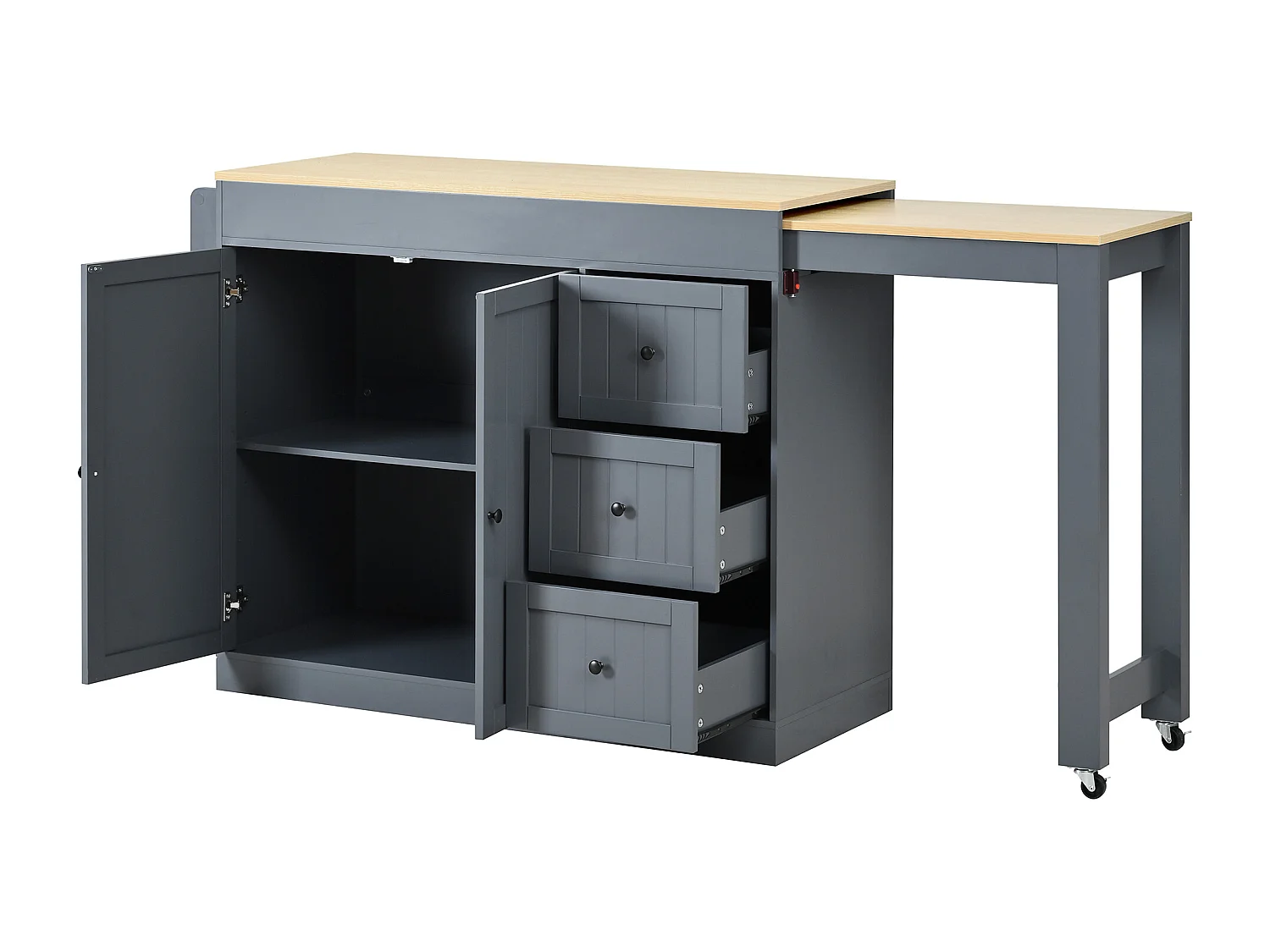 Isola cucina allungabile su ruote - 112/186,8 x 45 x 93 cm - con ripiano + 3 cassetti + 2 ante - MDF - grigio