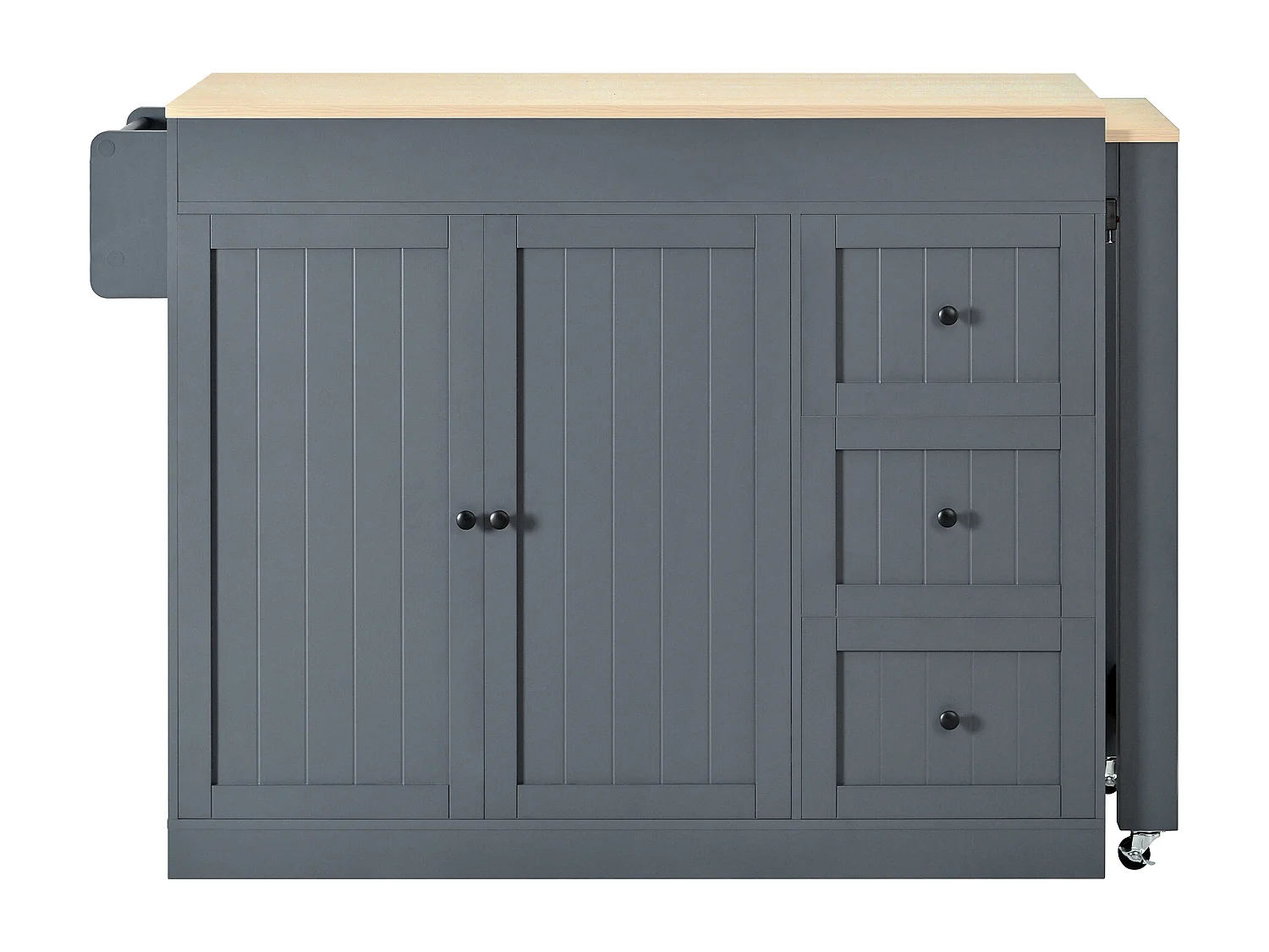 Isola cucina allungabile su ruote - 112/186,8 x 45 x 93 cm - con ripiano + 3 cassetti + 2 ante - MDF - grigio