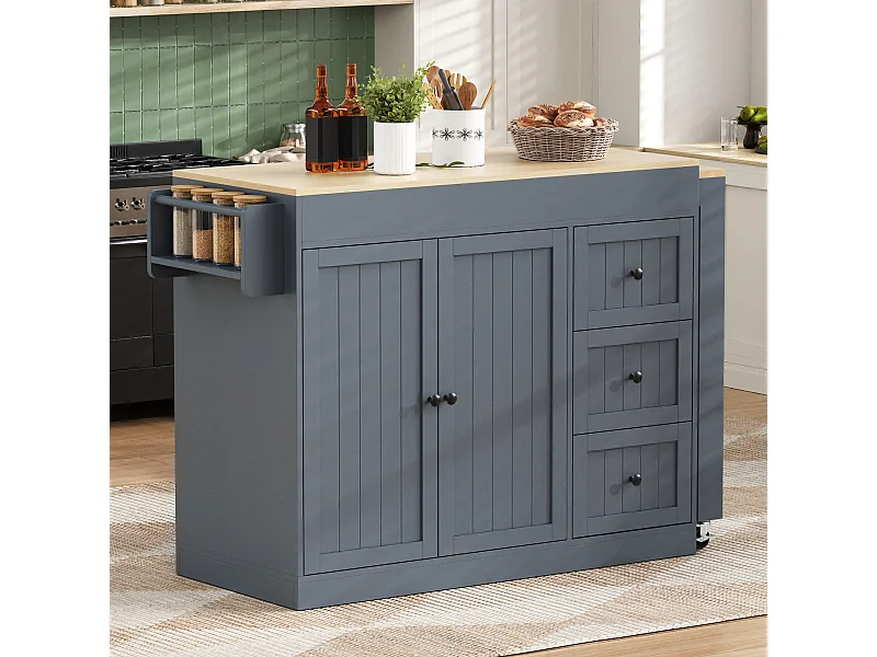 Ausziehbare Kücheninsel auf Rollen – 112/186,8 x 45 x 93 cm – mit Ablage, 3 Schubladen und 2 Türen – MDF – grau