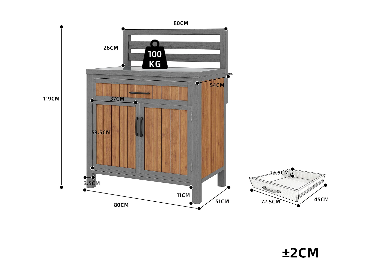 Drewniana szafka ogrodowa - 80 x 51 x 119 cm - z blatem + szufladą + 2 drzwi - naturalna