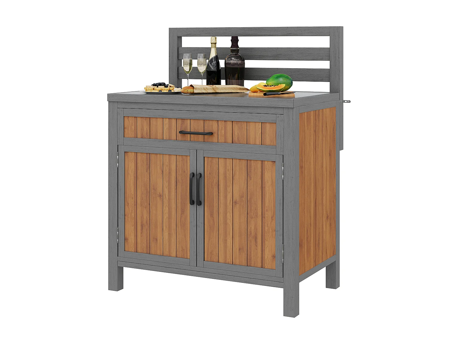 Drewniana szafka ogrodowa - 80 x 51 x 119 cm - z blatem + szufladą + 2 drzwi - naturalna