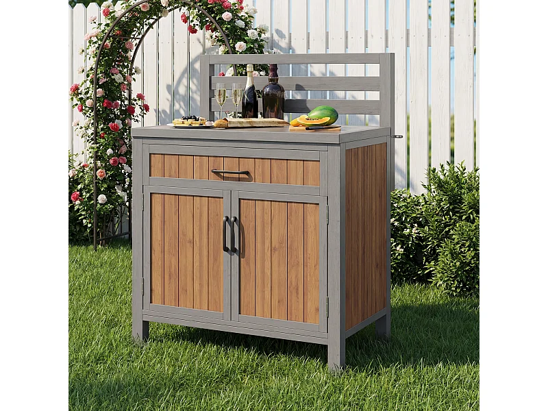 Drewniana szafka ogrodowa - 80 x 51 x 119 cm - z blatem + szufladą + 2 drzwi - naturalna