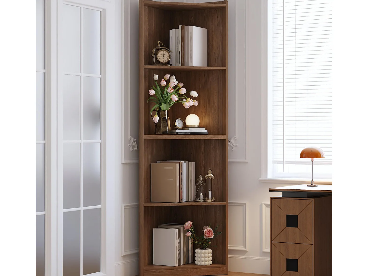 Bücherregal / Eckregal - 55×32×180 cm - Mit Kippsicherungssystem - Vitrine - MDF - Braun