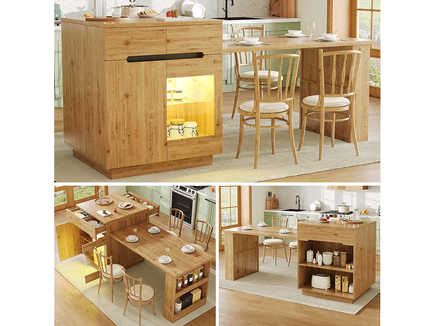 Îlot de cuisine avec table extensible - 122/195 x 70 x 93.5 cm - avec Leds + tiroirs + porte - aspect chêne - MDF - naturel