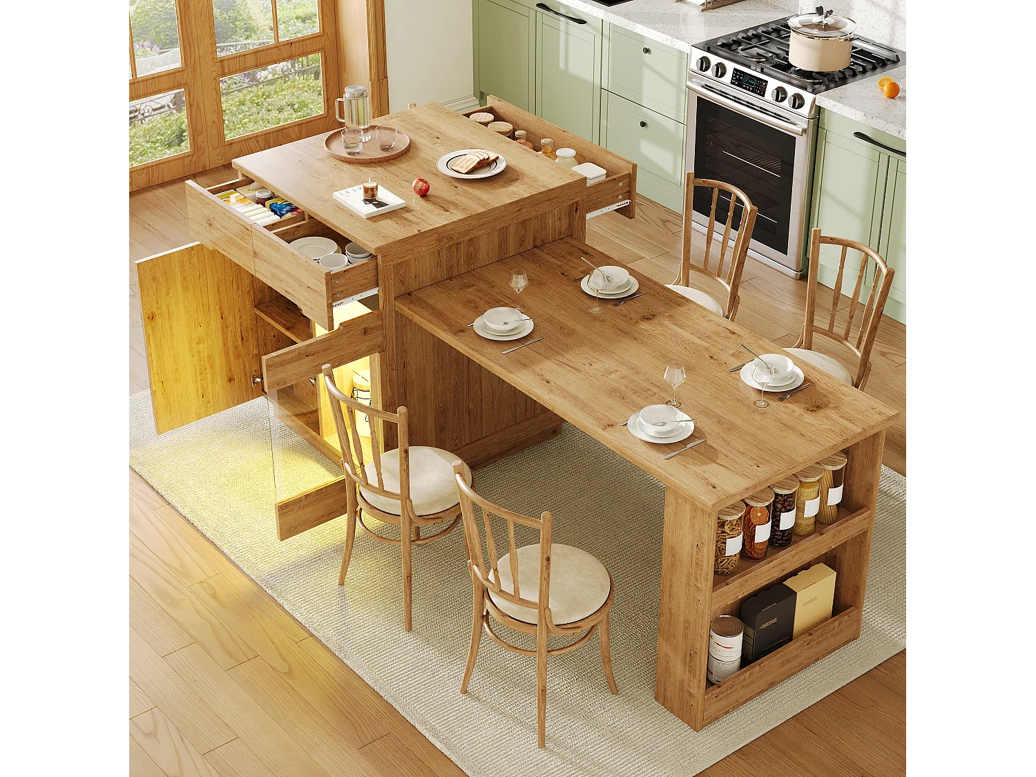 Îlot de cuisine avec table extensible - 122/195 x 70 x 93.5 cm - avec Leds + tiroirs + porte - aspect chêne - MDF - naturel