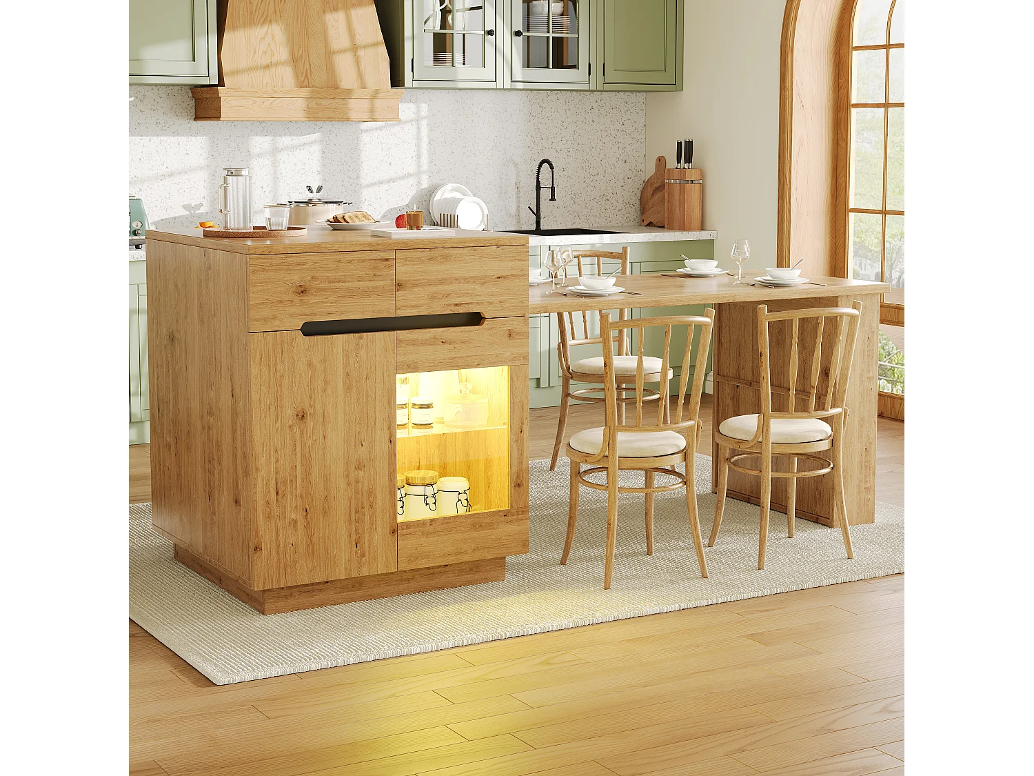 Îlot de cuisine avec table extensible - 122/195 x 70 x 93.5 cm - avec Leds + tiroirs + porte - aspect chêne - MDF - naturel