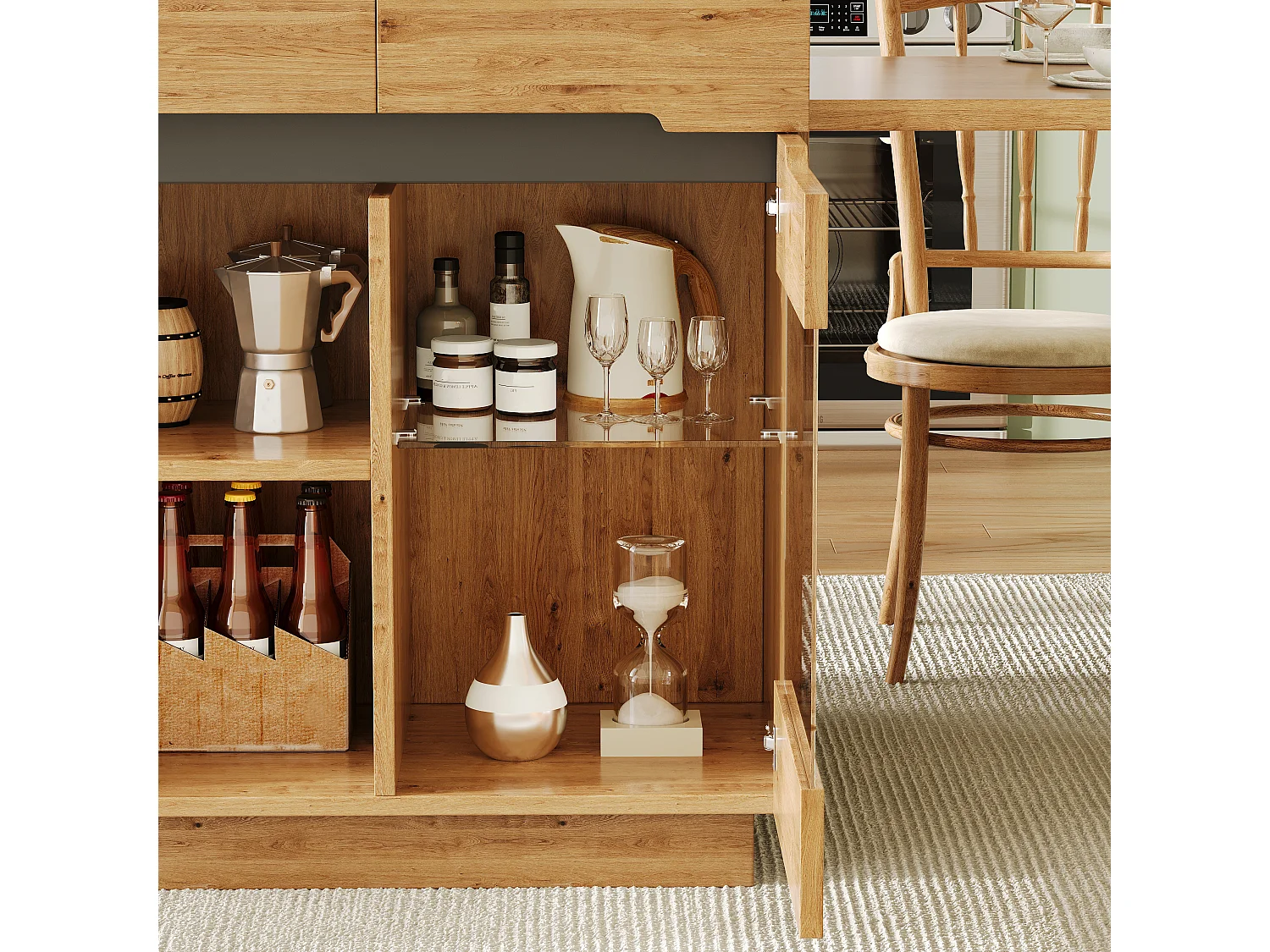 Îlot de cuisine avec table extensible - 122/195 x 70 x 93.5 cm - avec Leds + tiroirs + porte - aspect chêne - MDF - naturel