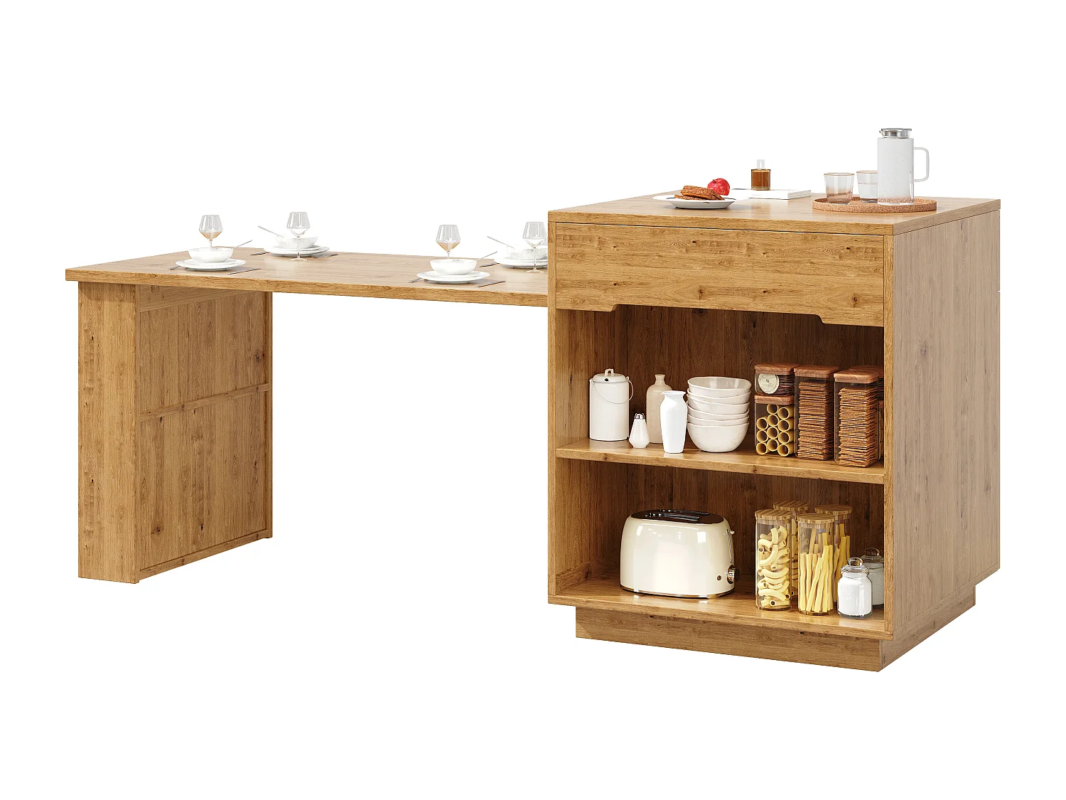 Îlot de cuisine avec table extensible - 122/195 x 70 x 93.5 cm - avec Leds + tiroirs + porte - aspect chêne - MDF - naturel