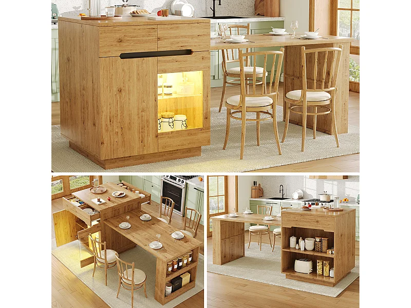 Îlot de cuisine avec table extensible - 122/195 x 70 x 93.5 cm - avec Leds + tiroirs + porte - aspect chêne - MDF - naturel