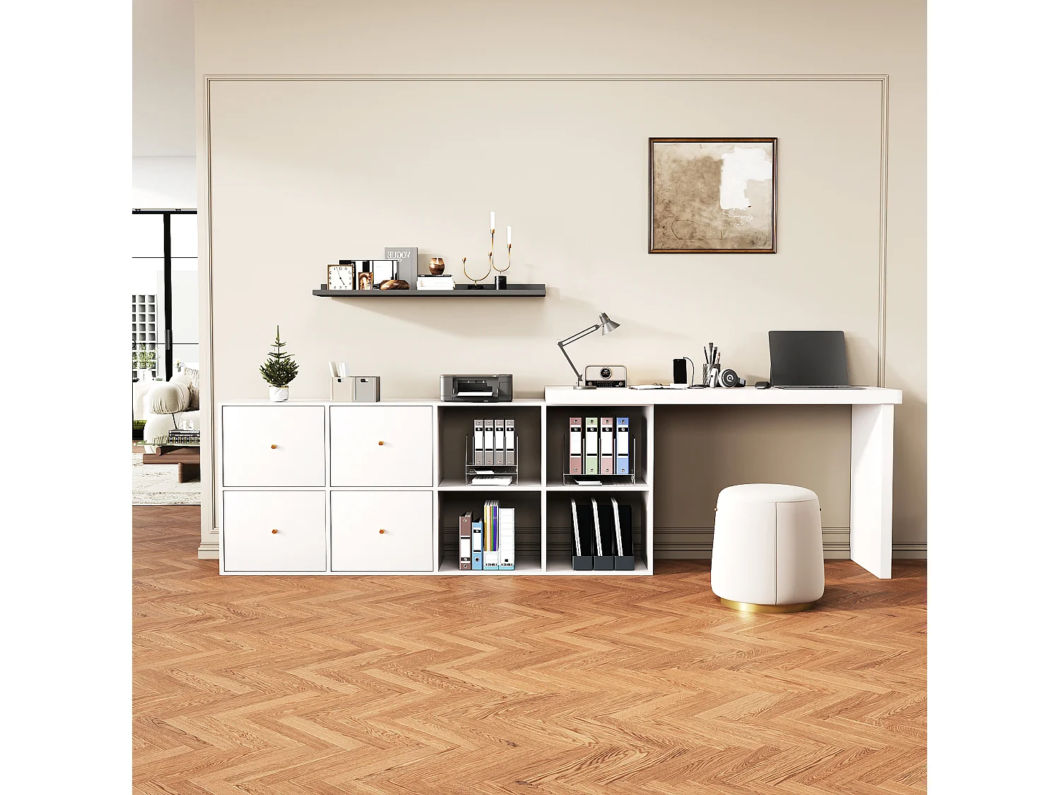 Bureau d'angle - Plateau pivotant à 360° - 4 compartiments et 4 tiroirs - Plateau et pieds renforcés - MDF - Blanc