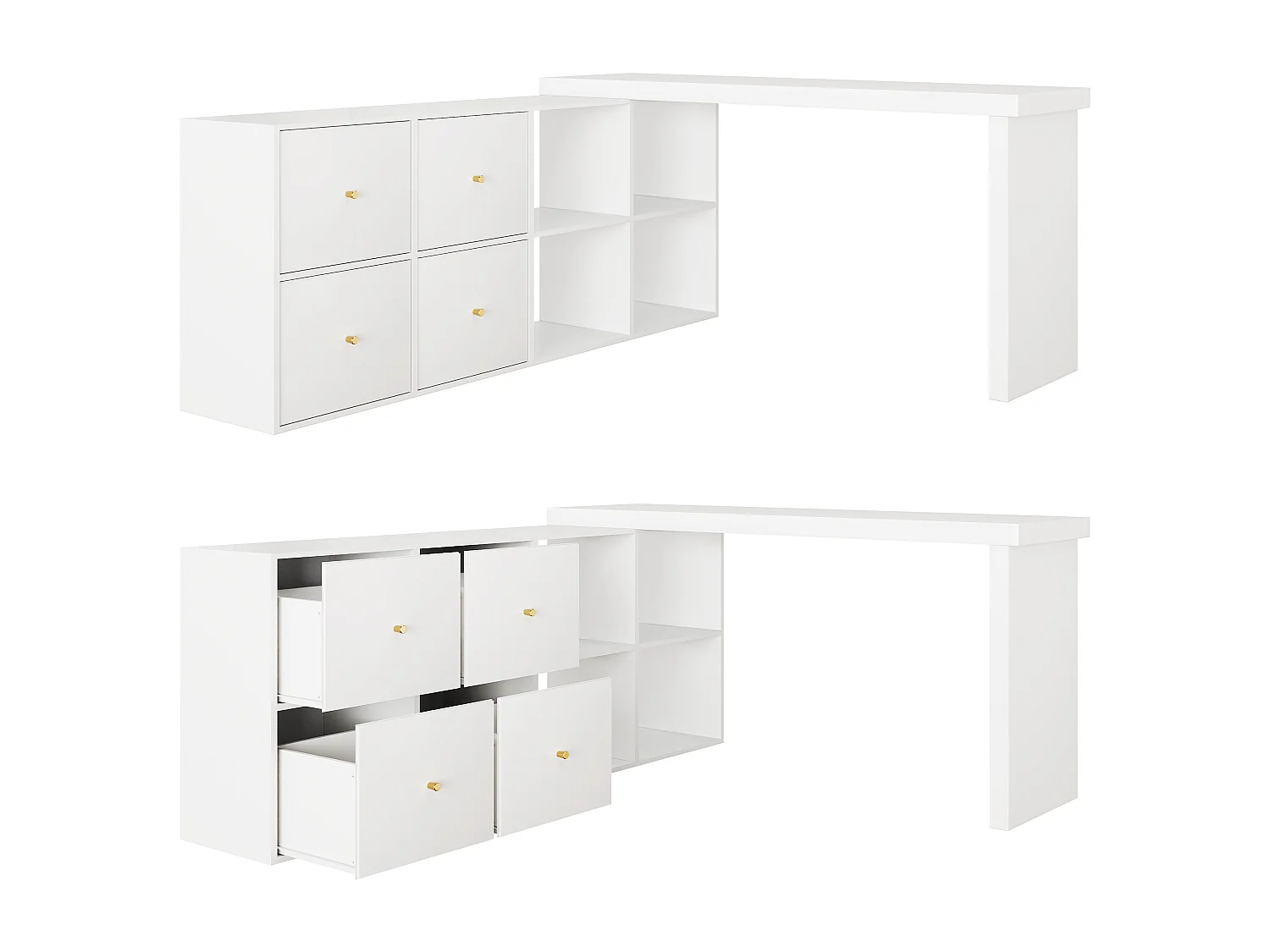 Bureau d'angle - Plateau pivotant à 360° - 4 compartiments et 4 tiroirs - Plateau et pieds renforcés - MDF - Blanc