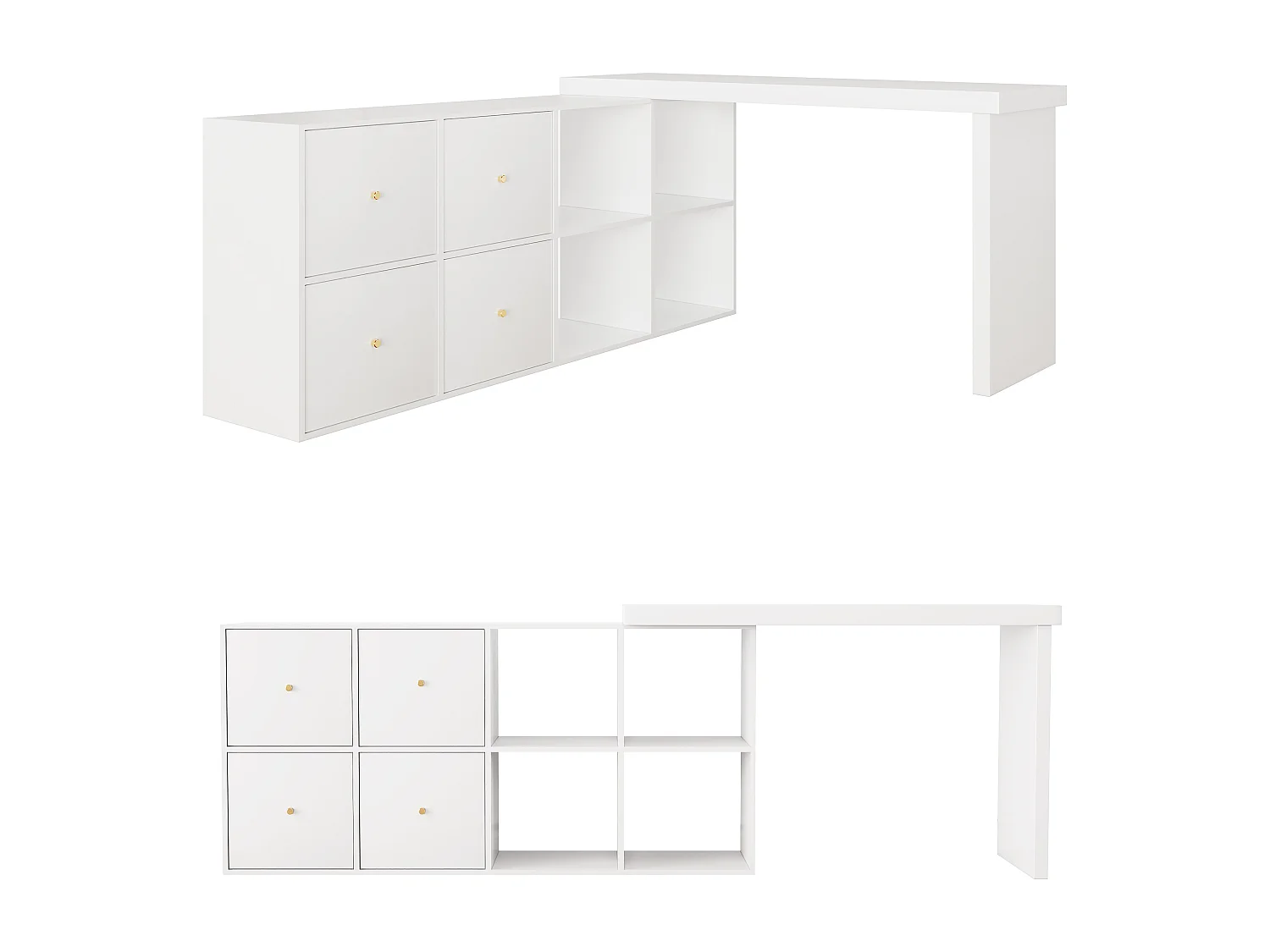 Bureau d'angle - Plateau pivotant à 360° - 4 compartiments et 4 tiroirs - Plateau et pieds renforcés - MDF - Blanc