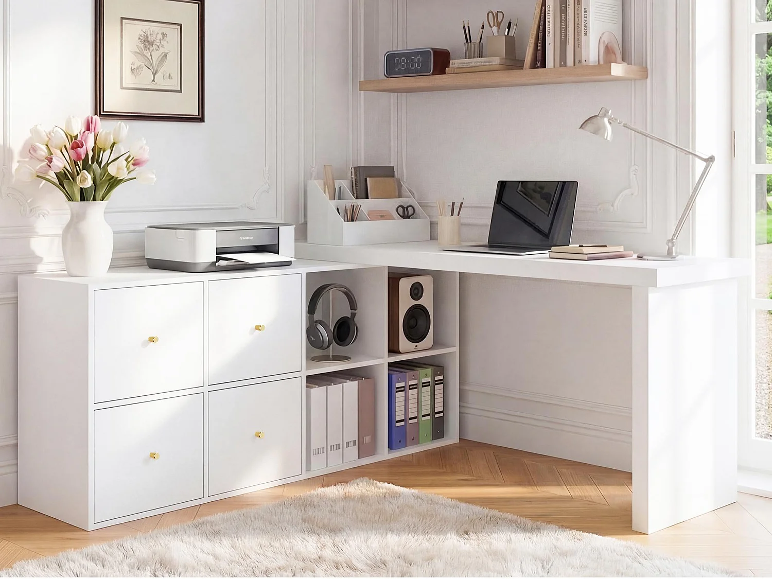 Bureau d'angle - Plateau pivotant à 360° - 4 compartiments et 4 tiroirs - Plateau et pieds renforcés - MDF - Blanc