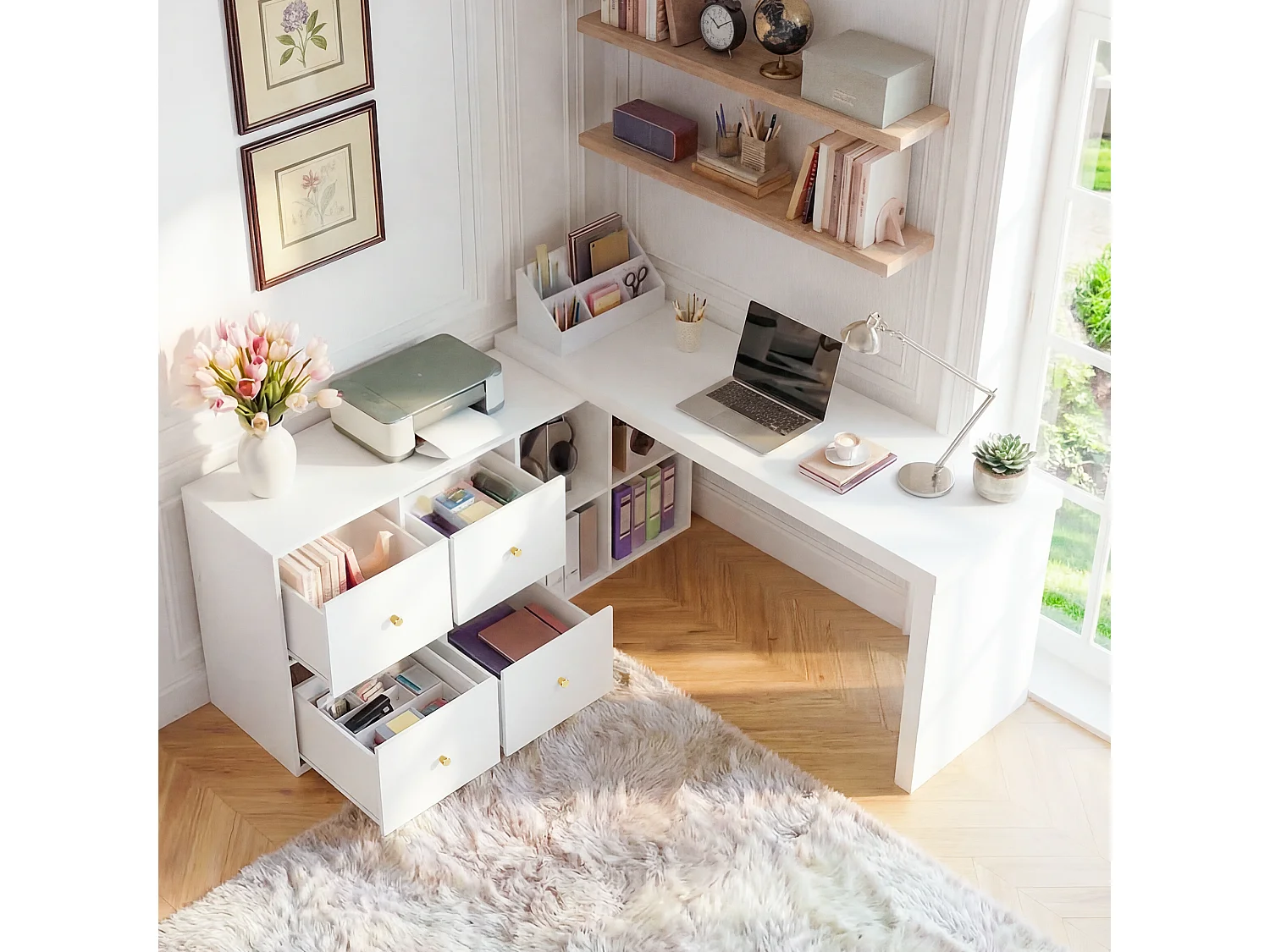 Bureau d'angle - Plateau pivotant à 360° - 4 compartiments et 4 tiroirs - Plateau et pieds renforcés - MDF - Blanc