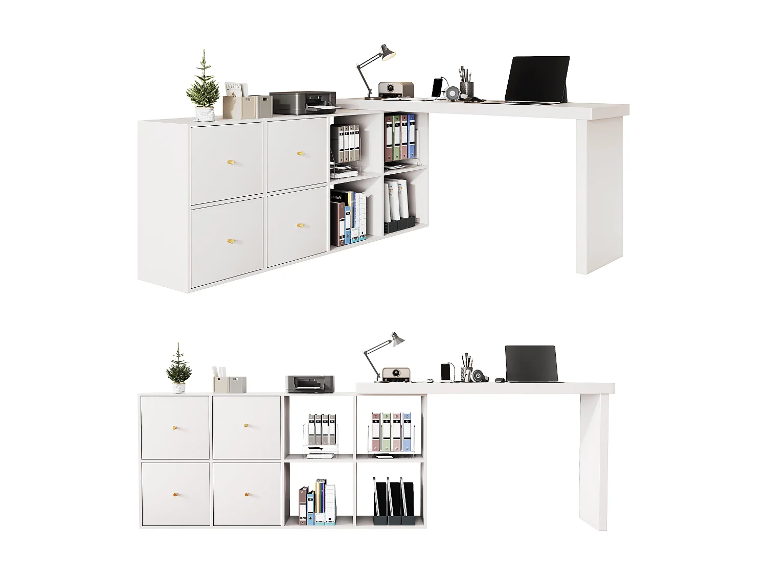 Bureau d'angle - Plateau pivotant à 360° - 4 compartiments et 4 tiroirs - Plateau et pieds renforcés - MDF - Blanc