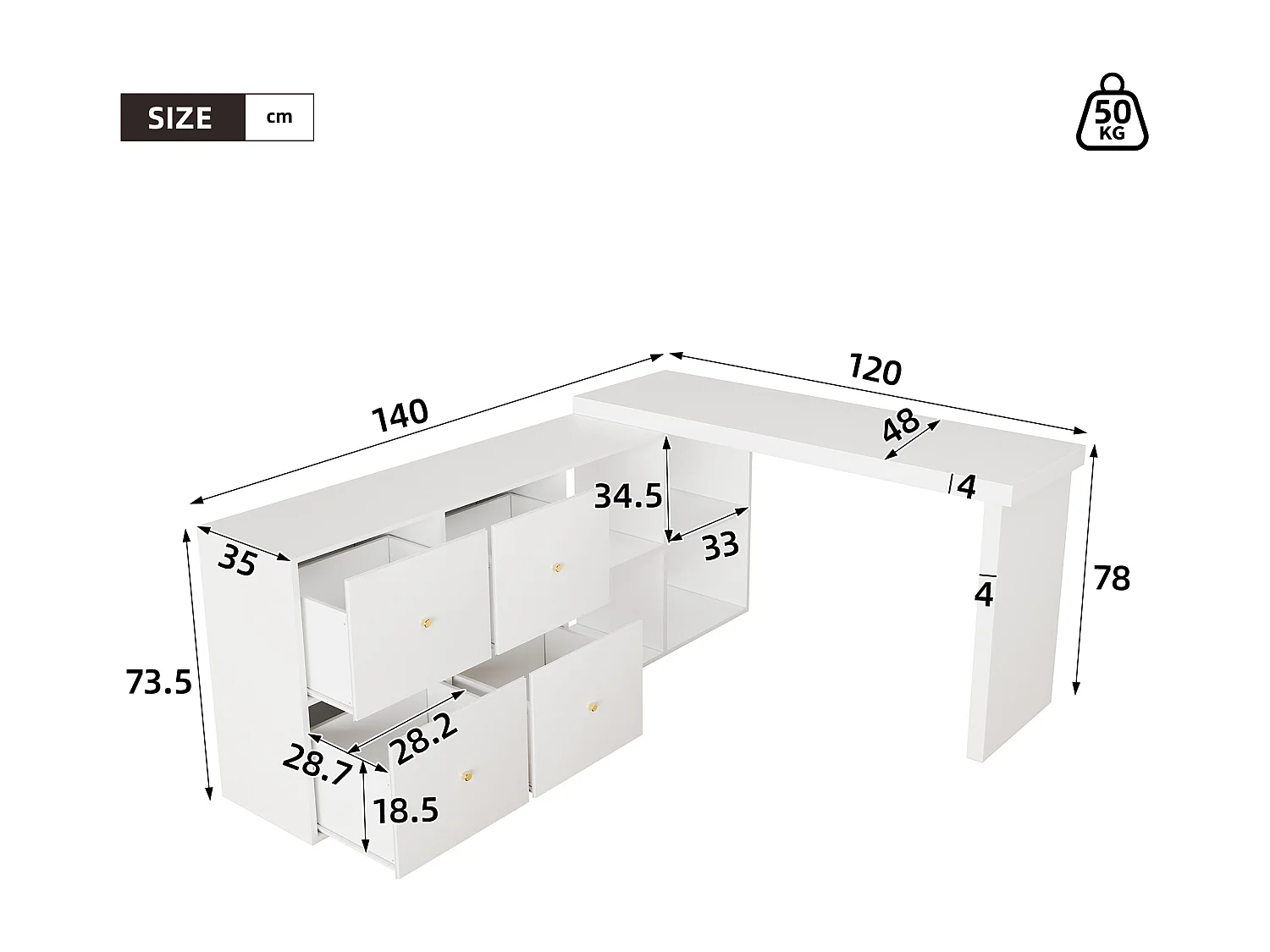 Bureau d'angle - Plateau pivotant à 360° - 4 compartiments et 4 tiroirs - Plateau et pieds renforcés - MDF - Blanc