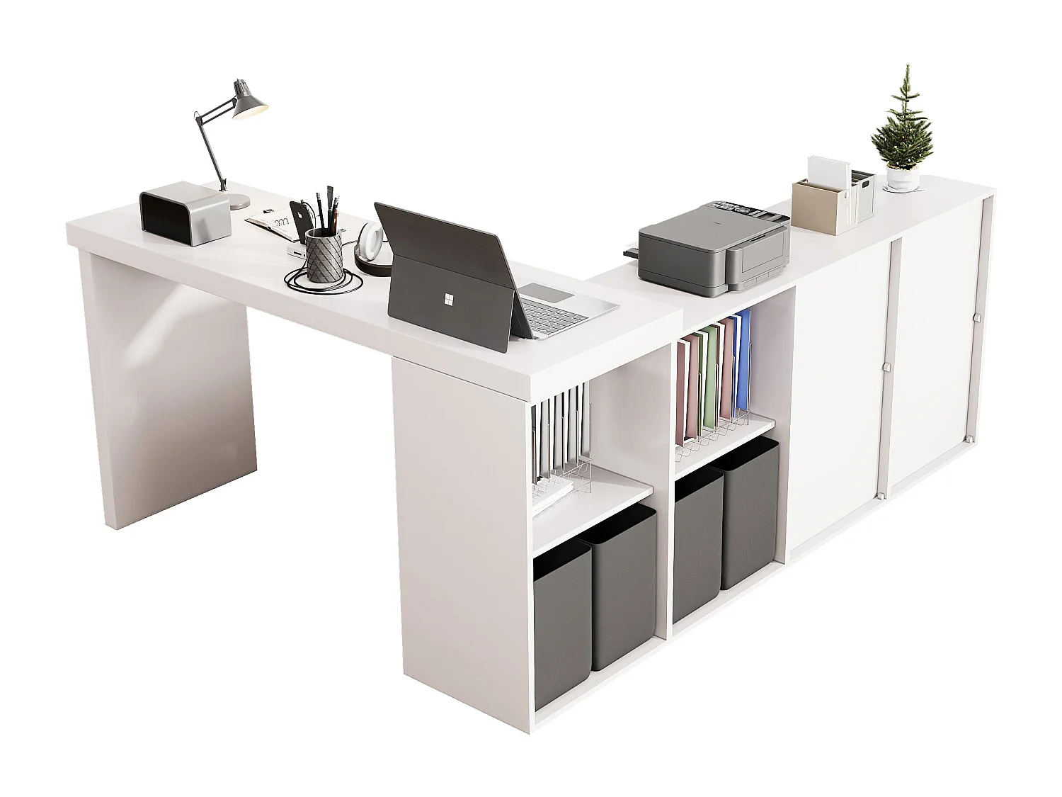 Bureau d'angle - Plateau pivotant à 360° - 4 compartiments et 4 tiroirs - Plateau et pieds renforcés - MDF - Blanc
