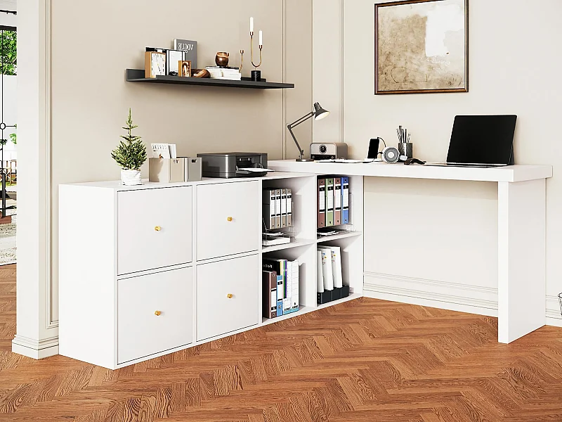 Bureau d'angle - Plateau pivotant à 360° - 4 compartiments et 4 tiroirs - Plateau et pieds renforcés - MDF - Blanc