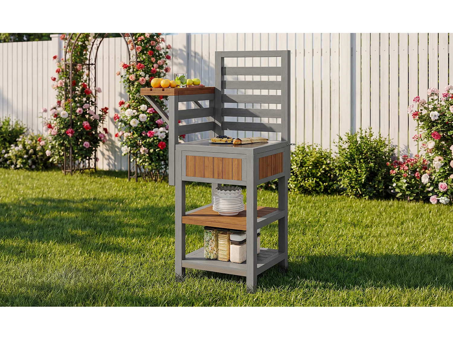 Drewniana szafka ogrodowa - 74 x 54 x 149 cm - z blatem + podwójna półka - naturalna