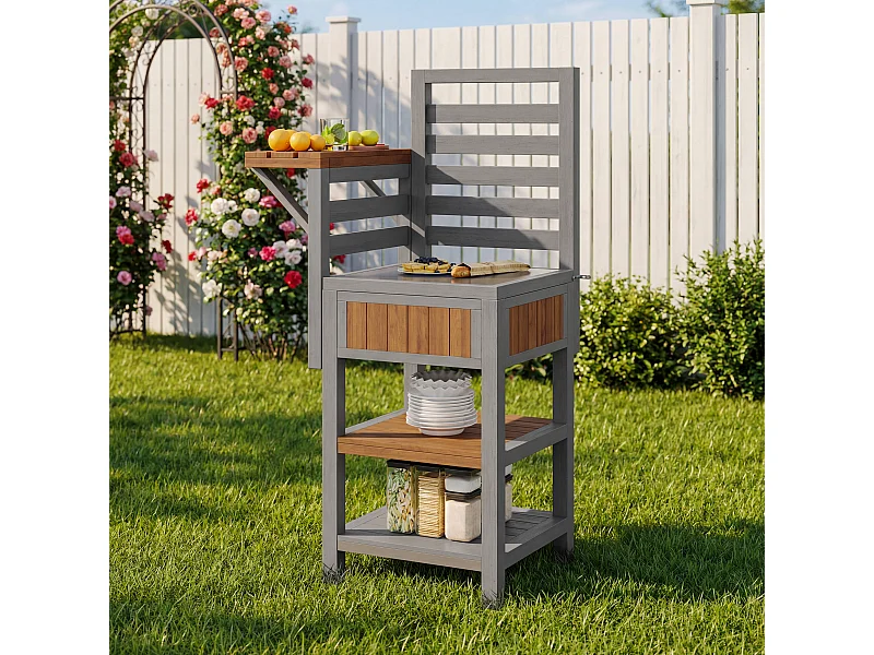 Drewniana szafka ogrodowa - 74 x 54 x 149 cm - z blatem + podwójna półka - naturalna