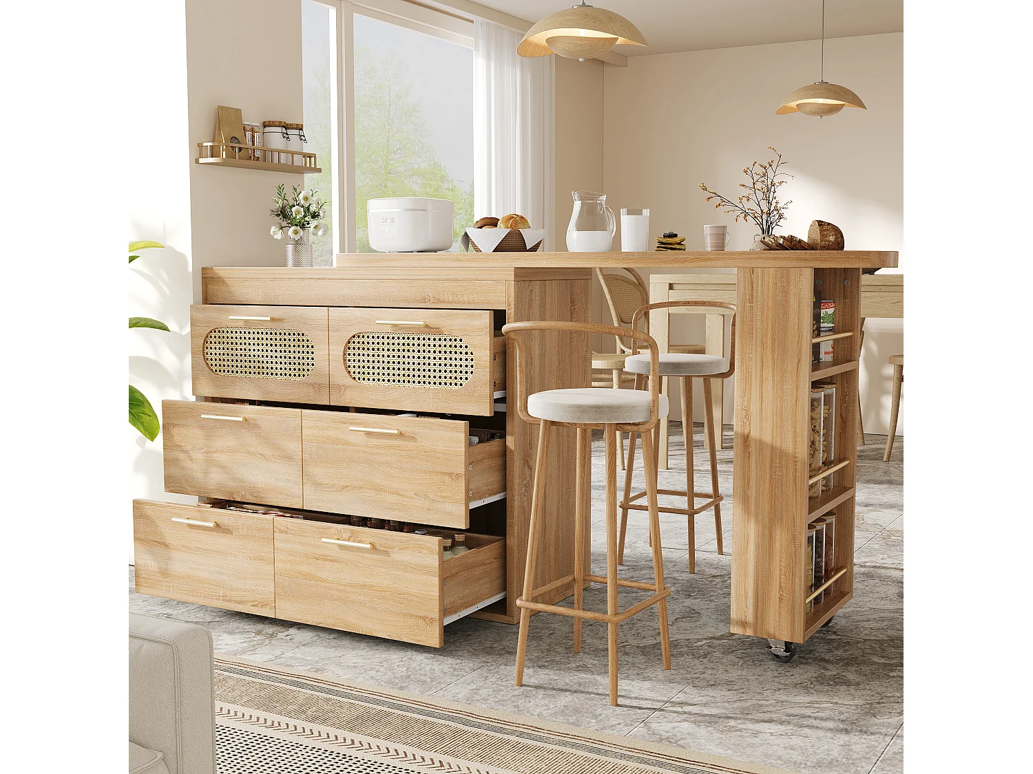 360° drehbarer Bartisch – 128/203 x 39 x 90 cm – mit Ablagen, 6 Schubladen und Türen aus Rattan – MDF + Metall – Natur