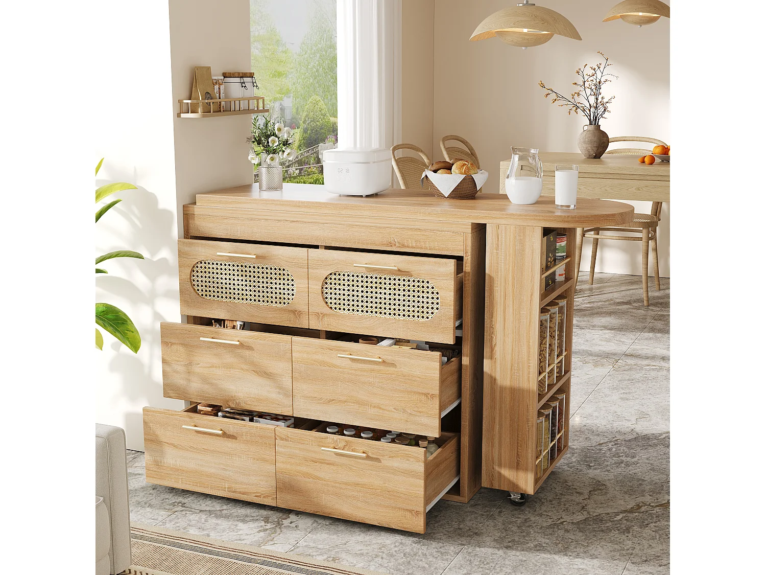 360° drehbarer Bartisch – 128/203 x 39 x 90 cm – mit Ablagen, 6 Schubladen und Türen aus Rattan – MDF + Metall – Natur