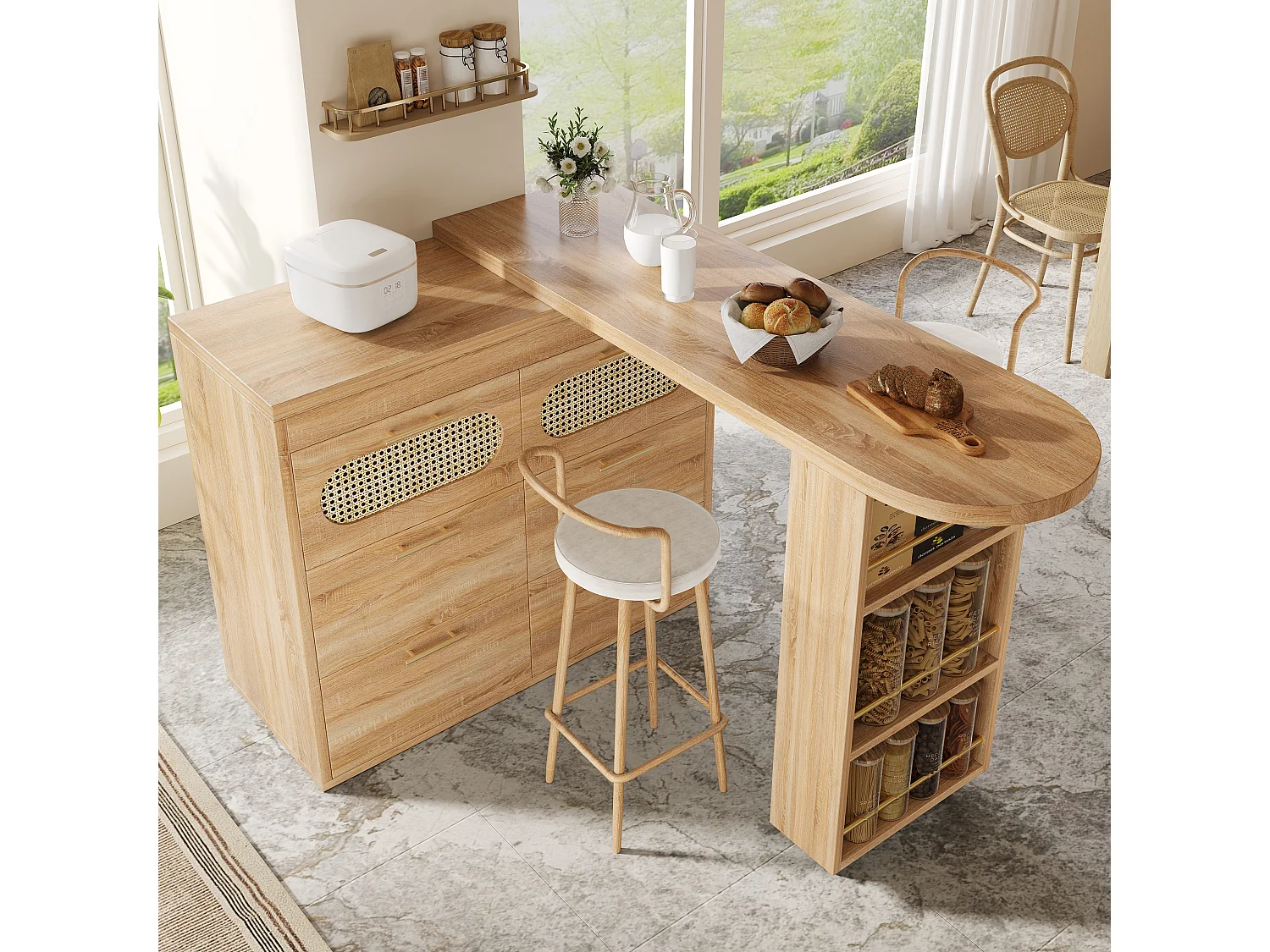 360° drehbarer Bartisch – 128/203 x 39 x 90 cm – mit Ablagen, 6 Schubladen und Türen aus Rattan – MDF + Metall – Natur