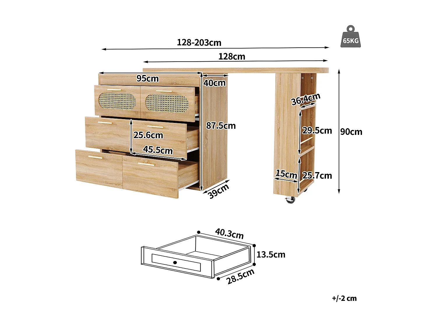 360° drehbarer Bartisch – 128/203 x 39 x 90 cm – mit Ablagen, 6 Schubladen und Türen aus Rattan – MDF + Metall – Natur