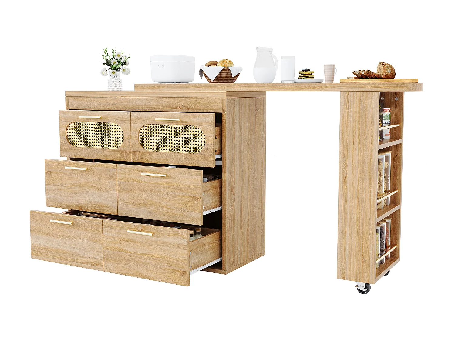 360° drehbarer Bartisch – 128/203 x 39 x 90 cm – mit Ablagen, 6 Schubladen und Türen aus Rattan – MDF + Metall – Natur