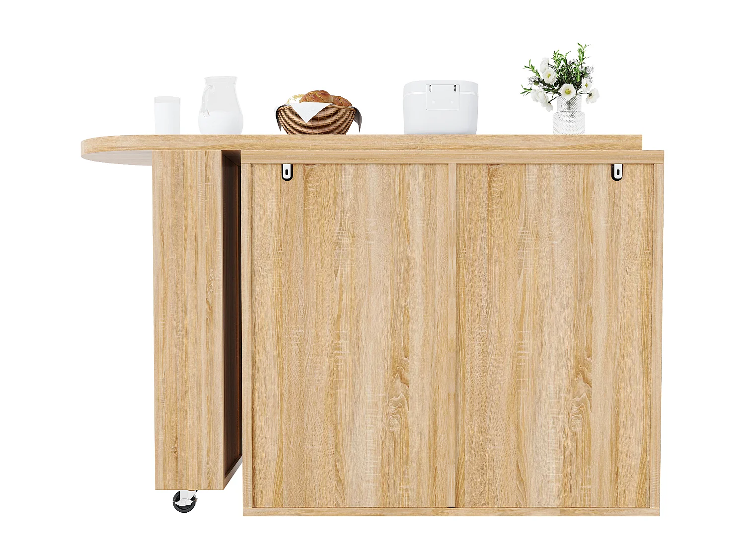 360° drehbarer Bartisch – 128/203 x 39 x 90 cm – mit Ablagen, 6 Schubladen und Türen aus Rattan – MDF + Metall – Natur