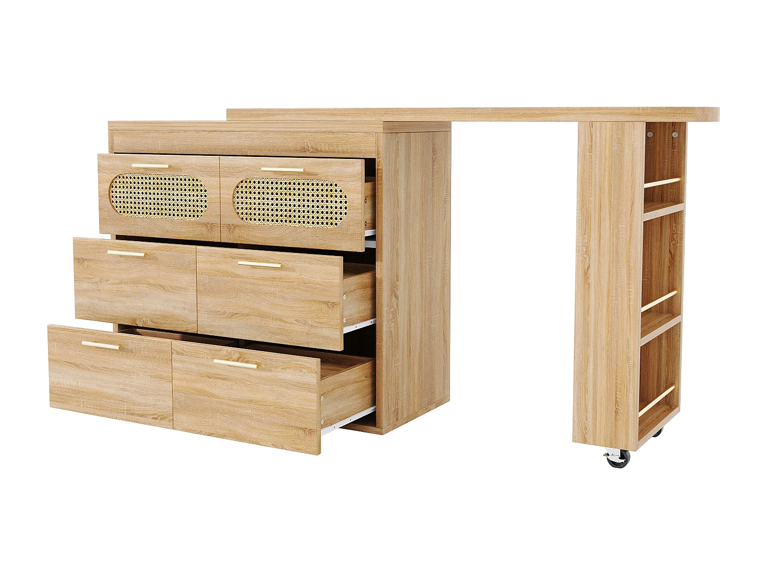 360° drehbarer Bartisch – 128/203 x 39 x 90 cm – mit Ablagen, 6 Schubladen und Türen aus Rattan – MDF + Metall – Natur