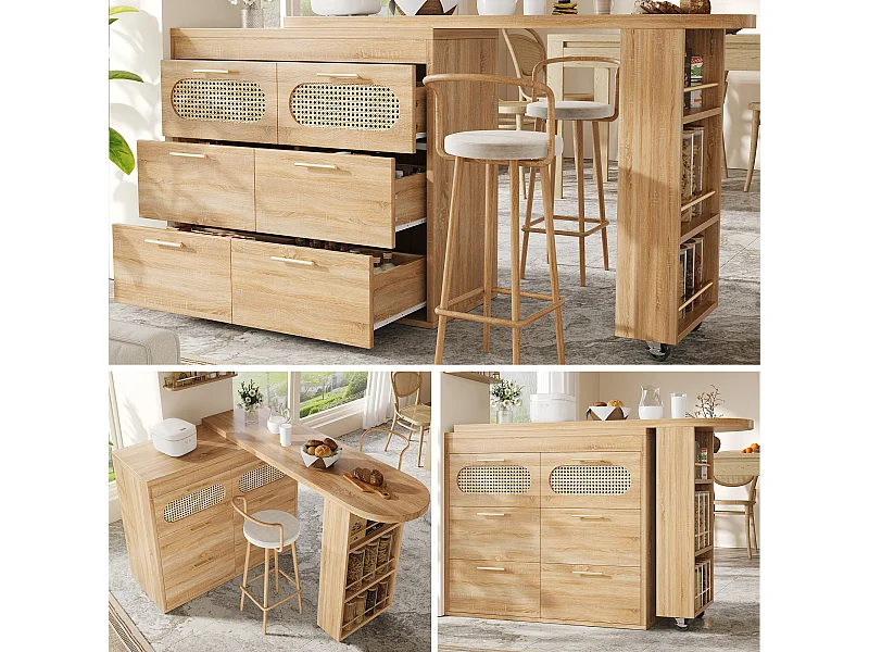 360° drehbarer Bartisch – 128/203 x 39 x 90 cm – mit Ablagen, 6 Schubladen und Türen aus Rattan – MDF + Metall – Natur