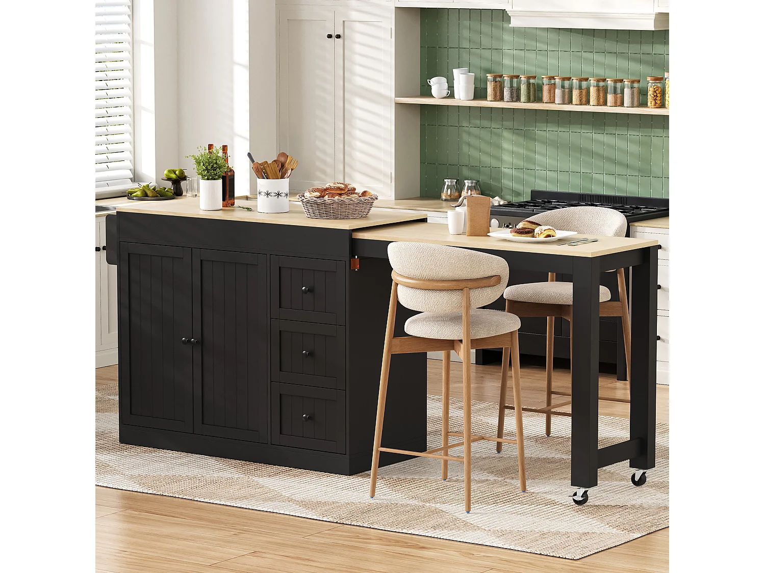 Isola cucina allungabile su ruote - 112/186,8 x 45 x 93 cm - con ripiano + 3 cassetti + 2 ante - MDF - nero